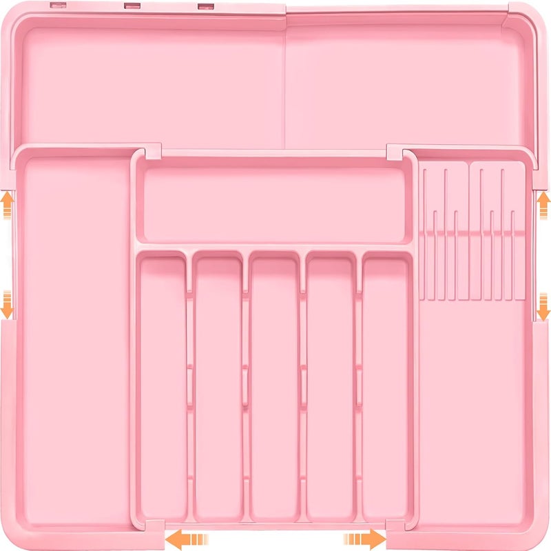 Homecor Silverware Organizer - Expandable Large Kitchen Drawer Organizer Utensil Organizer with 2 Knife Block Inserts, 22"x 19"Cutlery Tray with Drawer Dividers for Kitchen Flatware (Pink) - Image 1